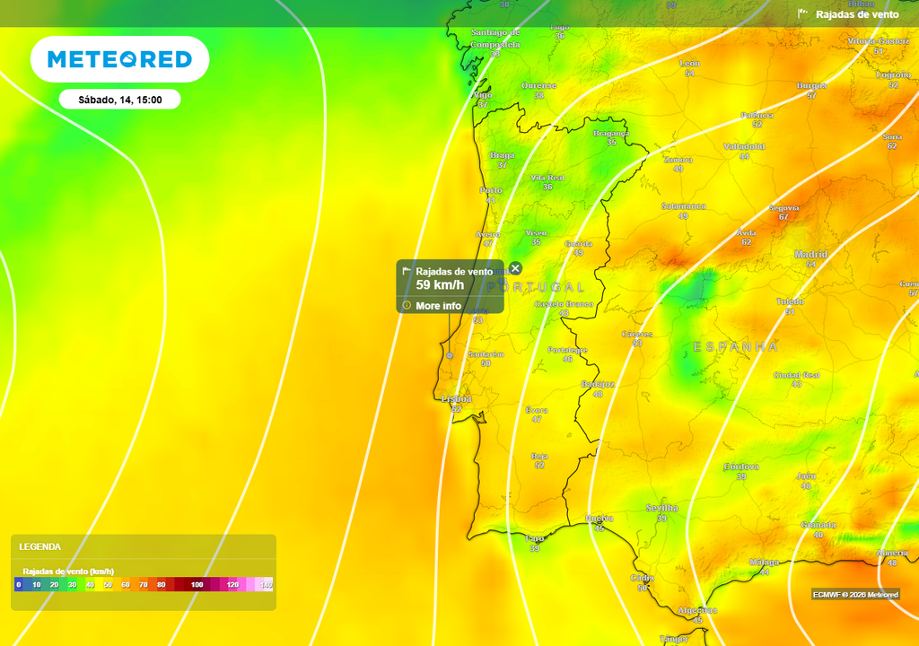 O vento do quadrante Norte soprará forte no sábado, 14 de março, sobretudo durante a tarde e em particular nas Regiões Centro e Sul, com destaque para o litoral Oeste (Leiria e Lisboa), Baixo Alentejo (Beja) e Algarve (Faro), onde se preveem rajadas até 60 km/h.