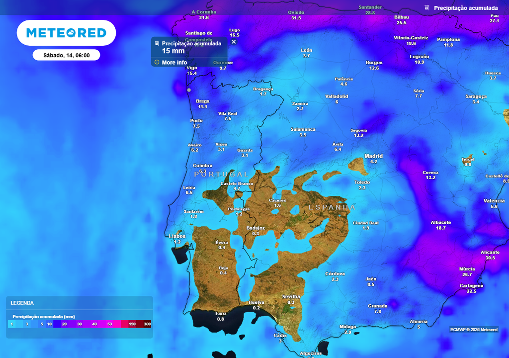 Até às 06:00 da manhã de sábado, 14 de março, espera-se um valor máximo de 15 mm de precipitação acumulada em zonas do Minho.
