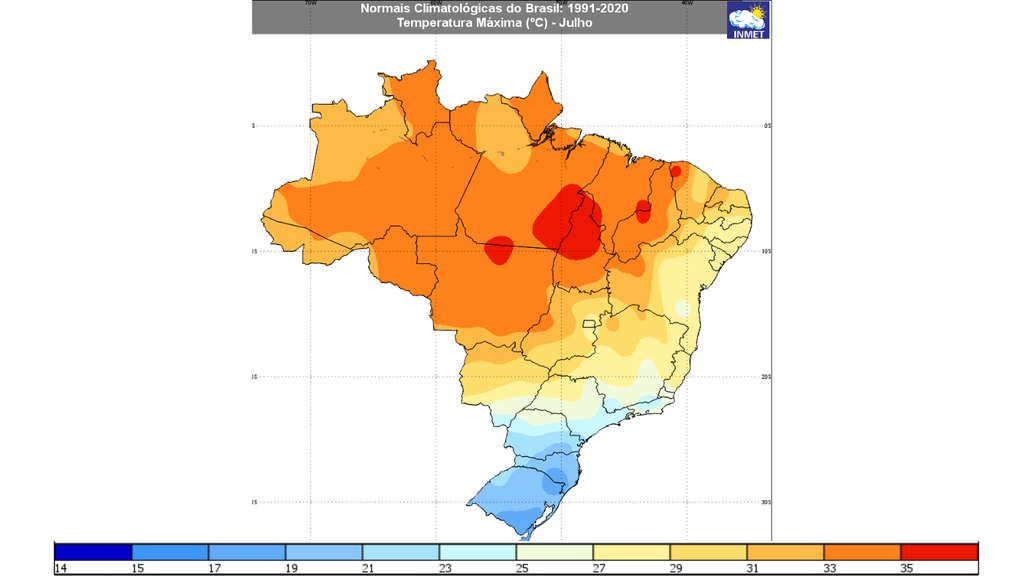 Temperatura mínima (esquerda) e máxima (direita) média (1991-2020) para o mês de julho no Brasil. Créditos: Elaborado por Meteored/Adaptado de INMET. Temperatura mínima (esquerda) e máxima (direita) média (1991-2020) para o mês de julho no Brasil. Créditos: Elaborado por Meteored/Adaptado de INMET.