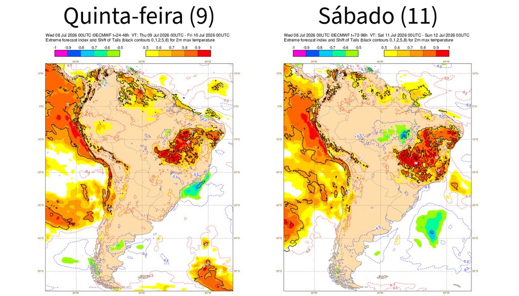 EFI do ECMWF para a temperatura máxima quinta-feira (9) e sábado (11). Créditos: Elaborado por Meteored com produtos do ECMWF. EFI do ECMWF para a temperatura máxima quinta-feira (9) e sábado (11). Créditos: Elaborado por Meteored com produtos do ECMWF.