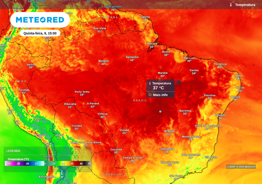 Previsão de temperatura máxima para quinta-feira (9), segundo o ECMWF. Previsão de temperatura máxima para quinta-feira (9), segundo o ECMWF.