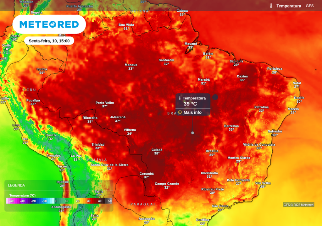 Previsão de temperatura máxima para sexta-feira (10), segundo o GFS. Previsão de temperatura máxima para sexta-feira (10), segundo o GFS.
