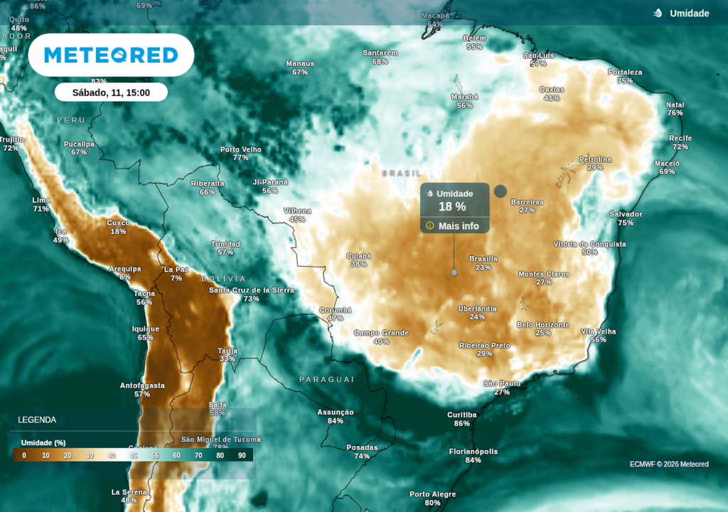 Previsão de umidade relativa para sábado (11), segundo o ECMWF. Previsão de umidade relativa para sábado (11), segundo o ECMWF.