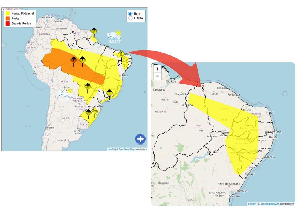 Avisos do INMET válidos para esta quarta-feira (7), destacando a região Nordeste. Créditos: adaptado de INMET. Avisos do INMET válidos para esta quarta-feira (7), destacando a região Nordeste. Créditos: adaptado de INMET.