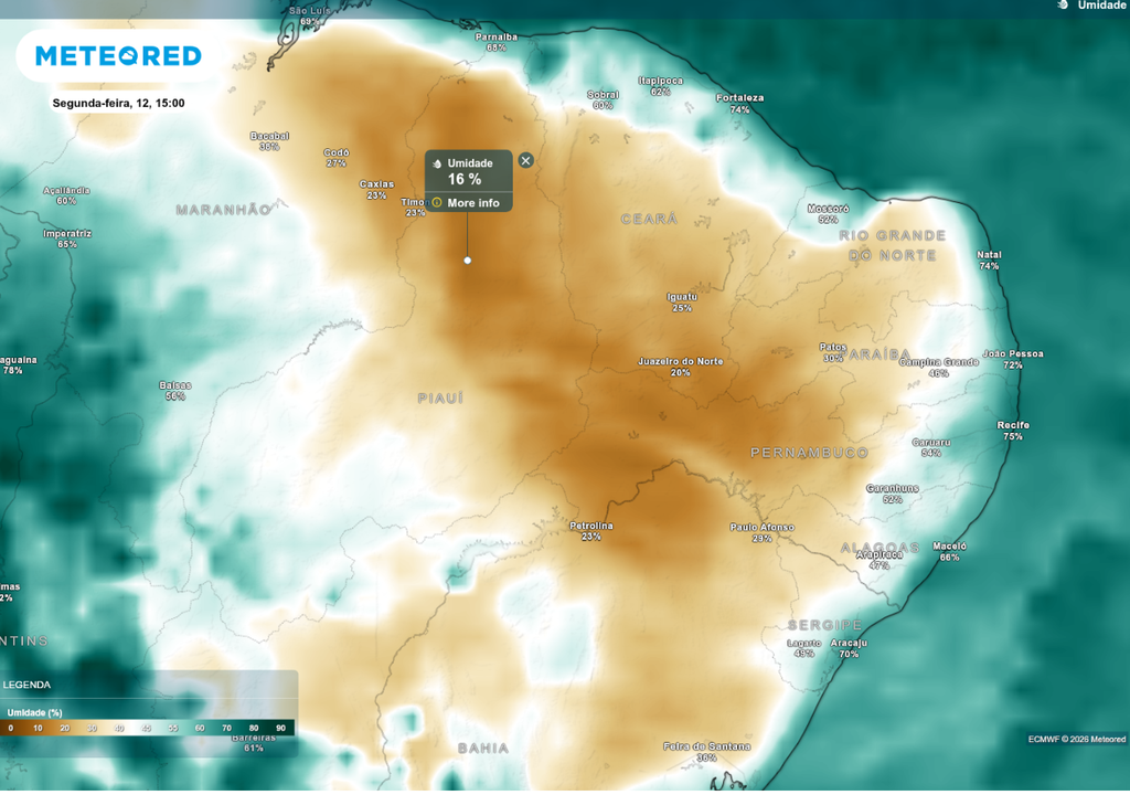 Previsão de umidade relativa do ar para segunda-feira (12), de acordo com o ECMWF. Previsão de umidade relativa do ar para segunda-feira (12), de acordo com o ECMWF.