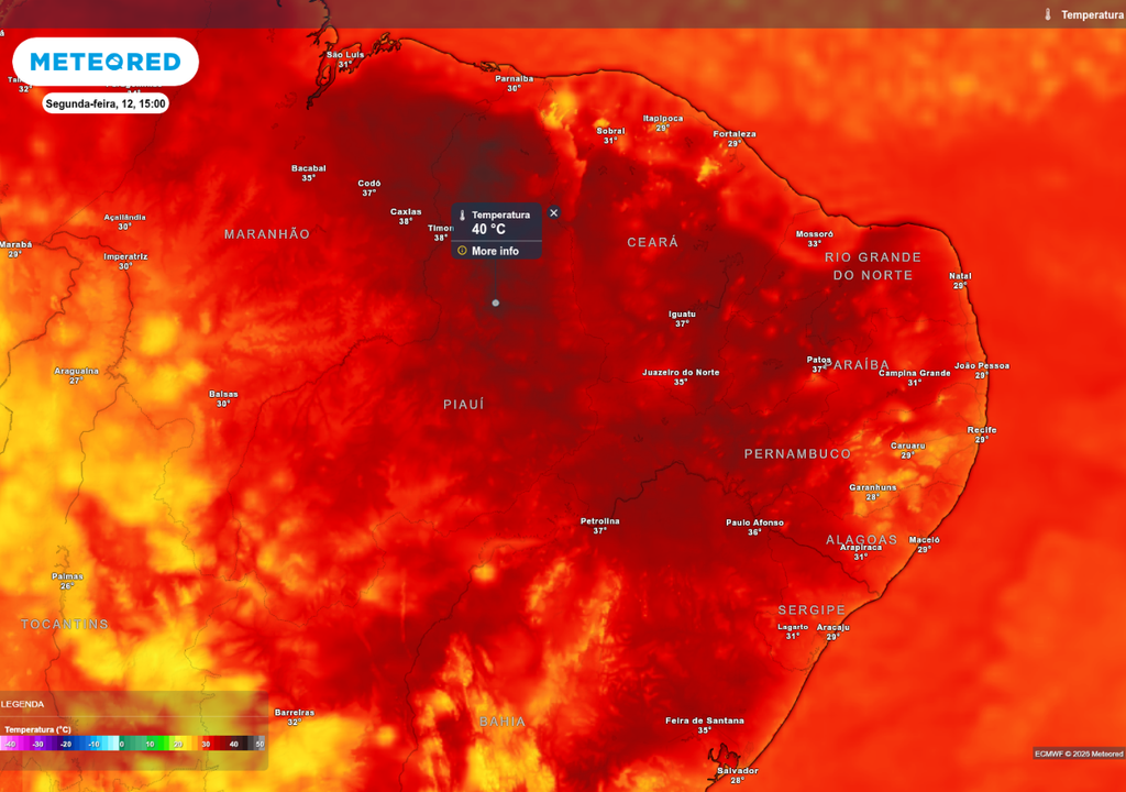Previsão de temperatura máxima para segunda-feira (12), de acordo com o ECMWF. Previsão de temperatura máxima para segunda-feira (12), de acordo com o ECMWF.