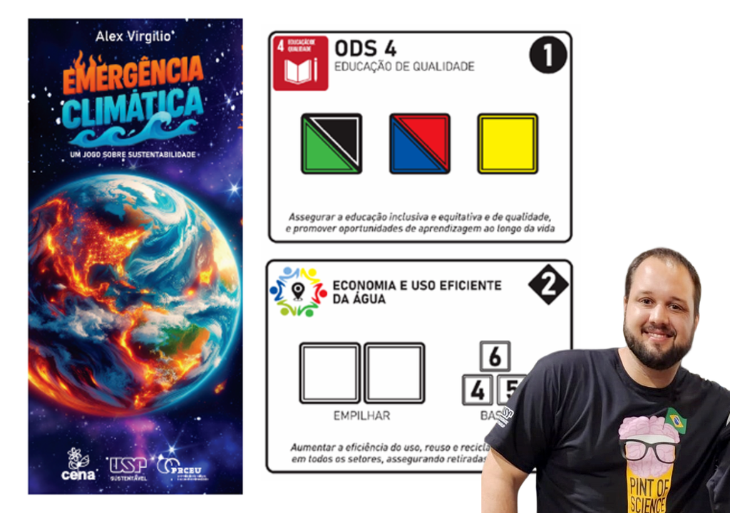 Capa do jogo e algumas cartas e seu idealizador, professor Dr. Alex Virgilio. Créditos: Montagem elaborada por Meteored, reproduzindo imagens de divulgação Cena/USP e Portal Engenhoca Caipira.