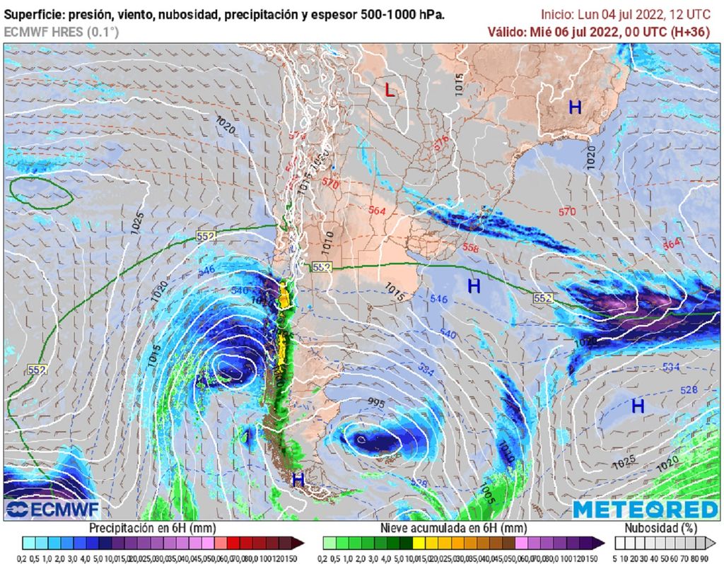 Precipitación y presión previstas; modelo ECMWF