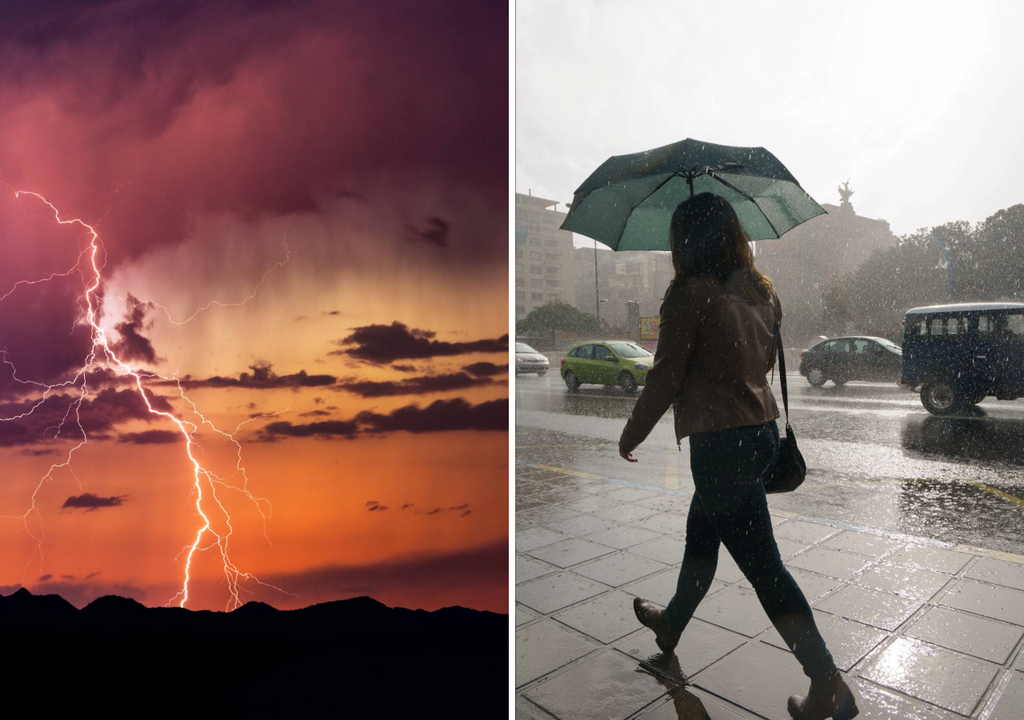 tormenta eléctrica y persona caminando con paraguas bajo la lluvia tormenta eléctrica y persona caminando con paraguas bajo la lluvia