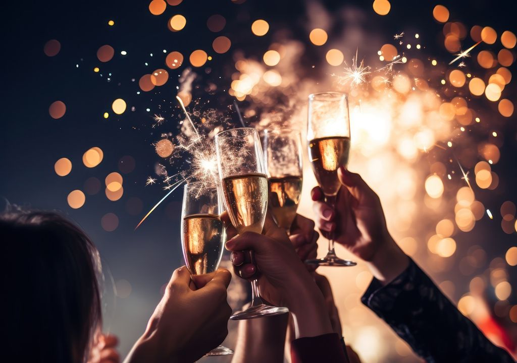 brindis de año nuevo con copas de champaña y fuegos artificiales de fondo