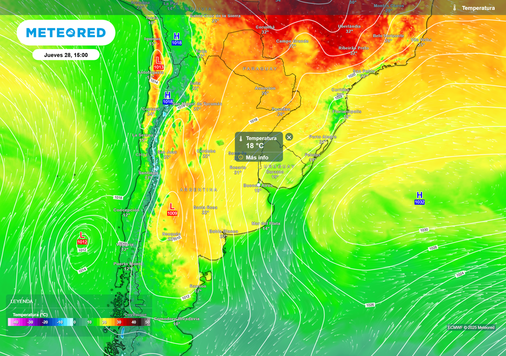Temperaturas para el día jueves 28 de agosto a las 15 h, según el modelo ECMWF Temperaturas para el día jueves 28 de agosto a las 15 h, según el modelo ECMWF