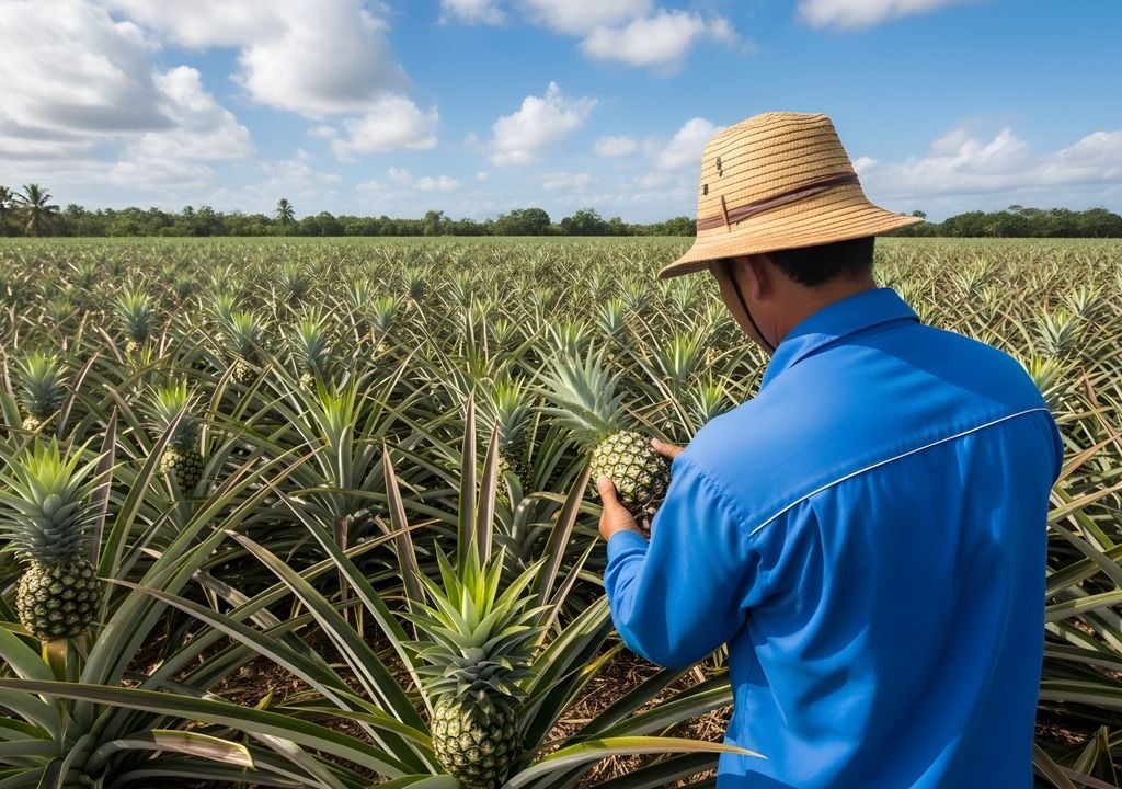 Un productor evalúa el desarrollo del fruto en un lote de ananá en el norte argentino, donde el manejo técnico y el control sanitario resultan determinantes para asegurar uniformidad y calidad comercial.