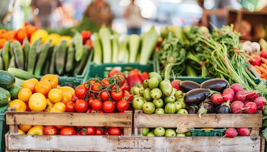 Fruits légumes Marché Étal été De saison Tomates Aubergine Cagette En juin, les étals des marchés et des rayons fruits et légumes sont très colorés !