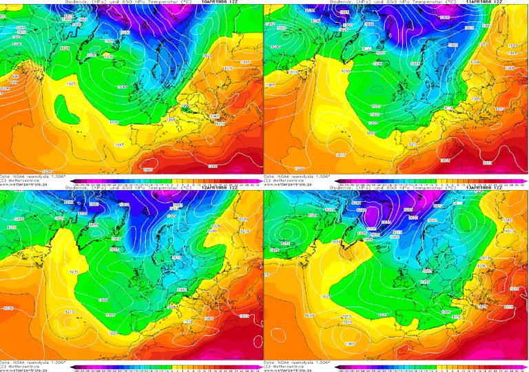 Reanálisis a 850 hPa de los días 10 al 13 de abril de 1986 a las 12 Z. Reanálisis a 850 hPa de los días 10 al 13 de abril de 1986 a las 12 Z.