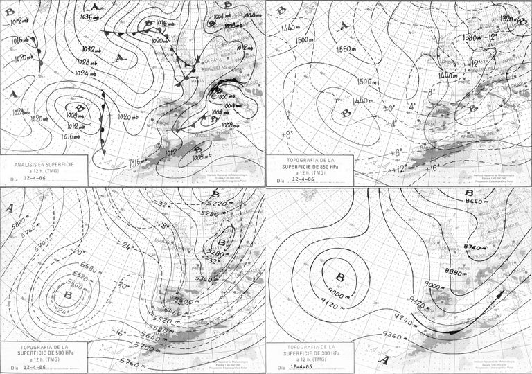 Mapas publicados en el Boletín Meteorológico Diario del 13 de abril de 1986. De arriba a la izquierda abajo a la derecha los mapas de Superficie, 850, 500 y 300 HPa, correspondientes todos al día 12. Mapas publicados en el Boletín Meteorológico Diario del 13 de abril de 1986. De arriba a la izquierda abajo a la derecha los mapas de Superficie, 850, 500 y 300 HPa, correspondientes todos al día 12.