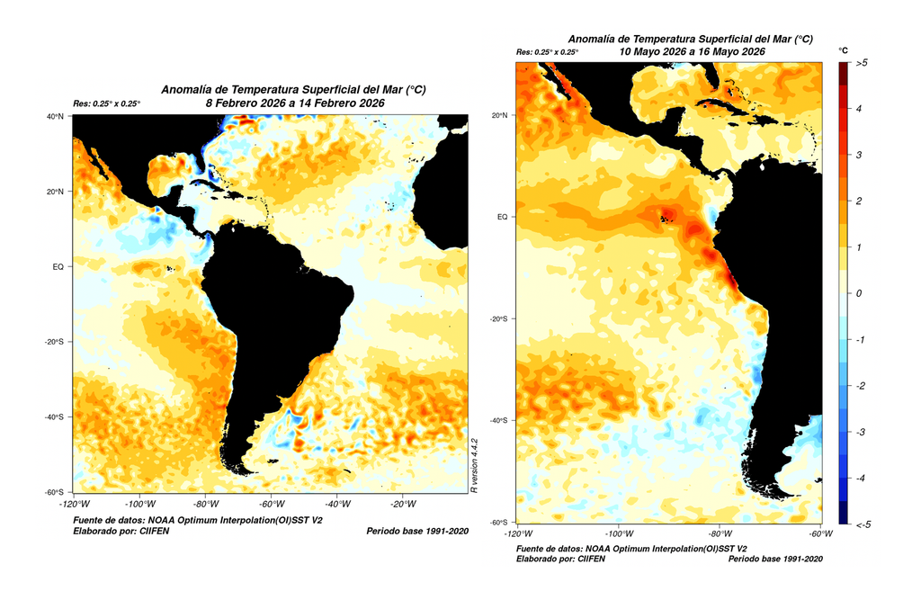 Comparación de las anomalías de temperatura superficial del mar en la segunda semana de febrero (izquierda) y la segunda semana de mayo (derecha). Fuente: CIIFEN.