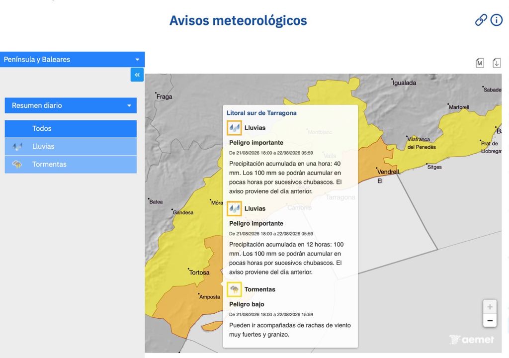Avisos naranjas activos por parte de la AEMET en el litoral de Tarragona a partir de las 18:00 h.