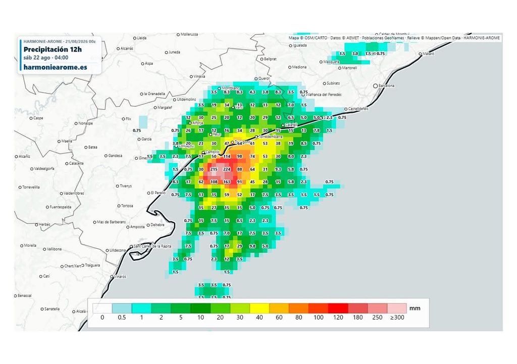 Precipitación acumulada prevista por el modelo Harmonie-Arome para la madrugada del sábado. Fuente: Harmoniearome.es