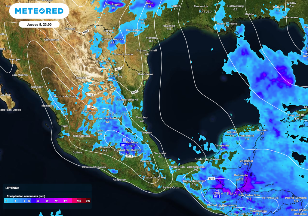 Aguaceros con acumulados de hasta 60 mm en Chiapas, y de 40 a 50 mm en el Centro y Sur.