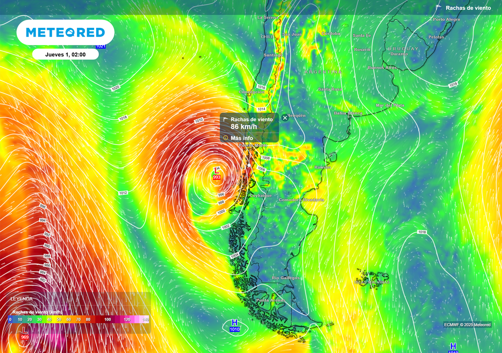 mapa de ráfagas de viento.