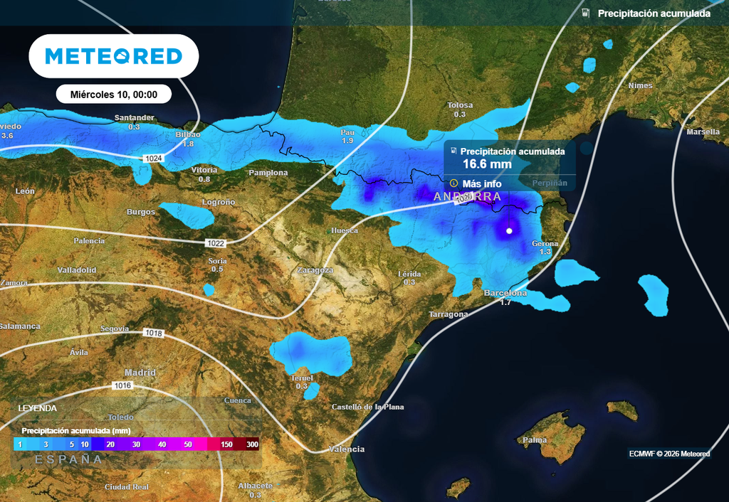 Precipitación prevista hasta la medianoche, como consecuencia de las tormentas que descargarán en el Pirineo aragonés y catalán y en el Prepirineo de Cataluña.
