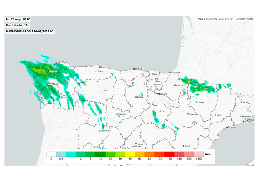 Las tormentas pueden dejar acumulados localmente significativos. Fuente: Harmoniearome.es y AEMET.