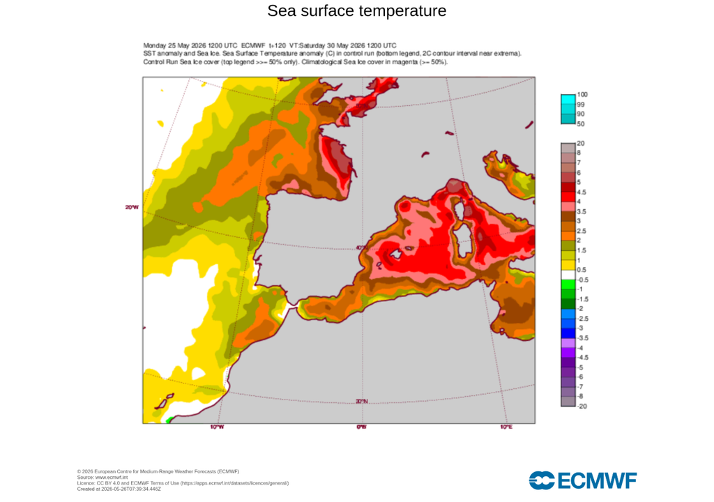 Carte des anomalies thermiques prévue par l’ECMWF samedi prochain à 14 h sur le sud-ouest de l’Europe.