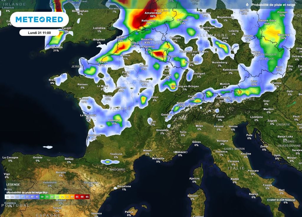 Probabilité de pluie lundi Le Pays de Caux et le Boulonnais, en rouge sur la carte, seront certainement les zones les plus arrosées de France dans la journée de lundi.