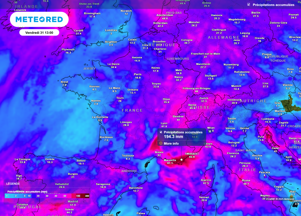 Cumuls pluie d'ici vendredi