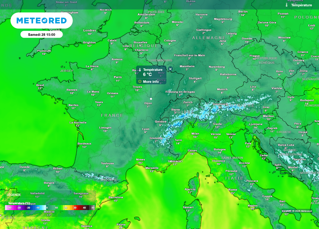 Températures samedi après-midi Ce samedi après-midi, les températures resteront souvent bloquées sous les 10°C entre le Massif central et les frontières de l'Est.
