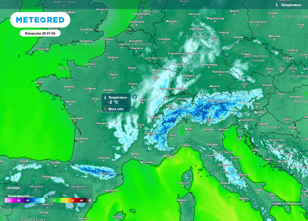 Températures dimanche matin Avec des températures très souvent comprises entre -2 et 2°C sur une large partie du pays, les gelées seront nombreuses en campagne dimanche matin.