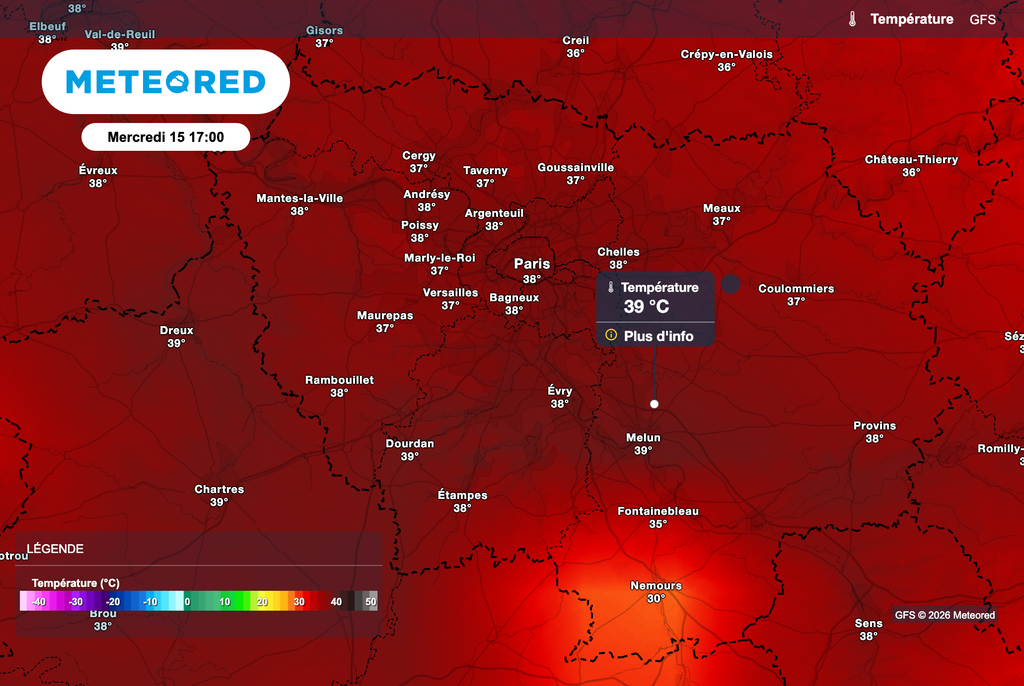 Températures toujours caniculaires mercredi après-midi en région parisienne d'après le modèle américain (GFS). Températures toujours caniculaires mercredi après-midi en région parisienne d'après le modèle américain (GFS).