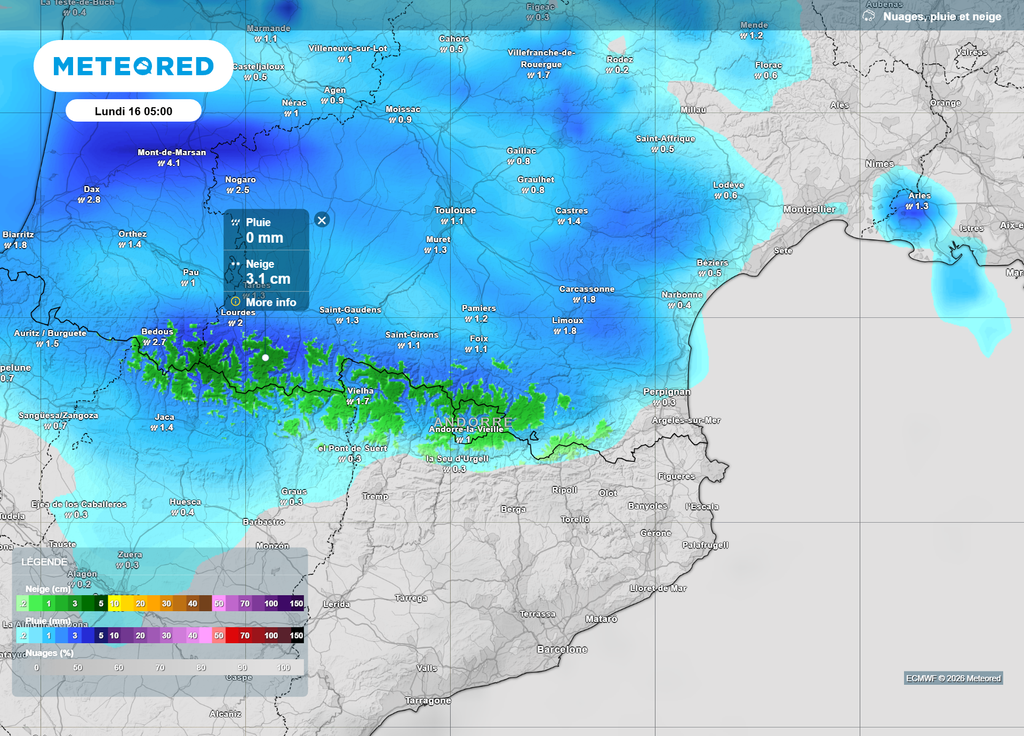 Pluie et neige Pyrénées lundi De fortes précipitations sont attendues ce lundi sur les Pyrénées, avec d'importantes chutes de neige en altitude et un fort risque d'avalanches.