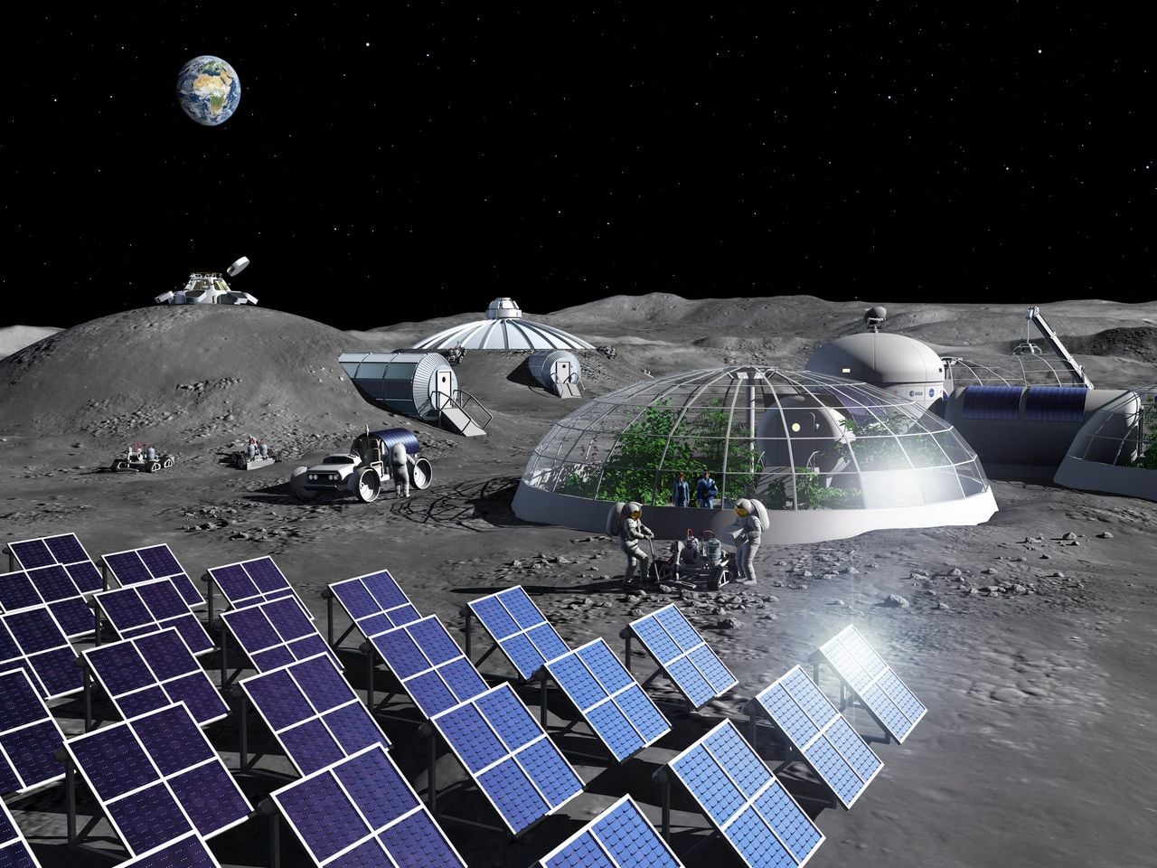 Impresión artística de actividades en una base lunar. Generación de energía mediante células solares, producción de alimentos en invernaderos y construcción mediante impresoras 3D. Crédito: ESA