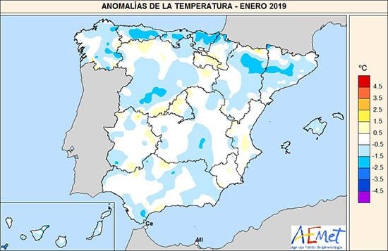 Foto 1: Anomalías de temperatura en España ( enero 2019 )