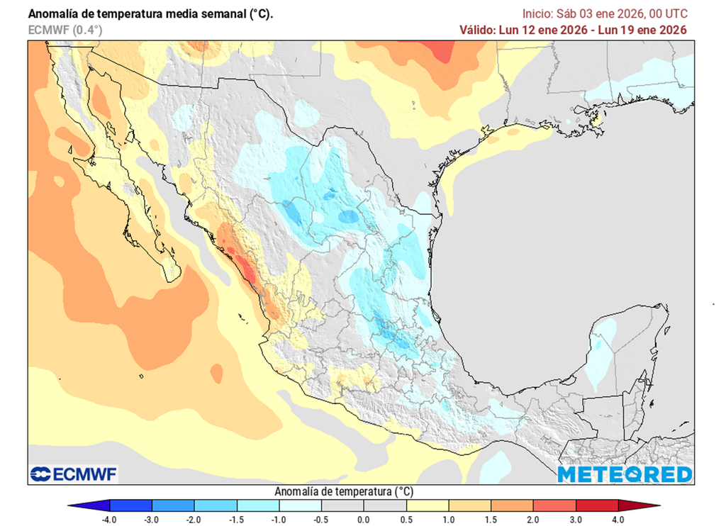 Pronóstico semanal de anomalía de temperaturas en grados Celsius