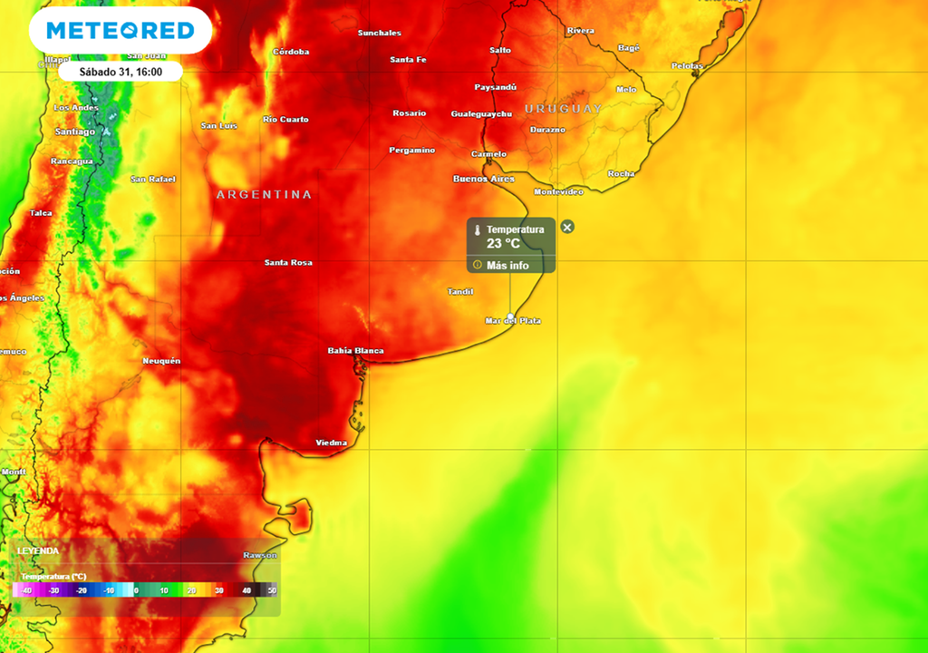 la costa bonaerense estará dividida para el cierre del mes entre la primavera y el verano. La costa bonaerense estará dividida para el cierre del mes entre la primavera (entre 22 y 25 °C, desde Mar del Plata hasta San Clemente del Tuyú), y el verano (se acerca a los 30 °C y los supera hacia el oeste, en la costa sur y sudoeste de la PBA).