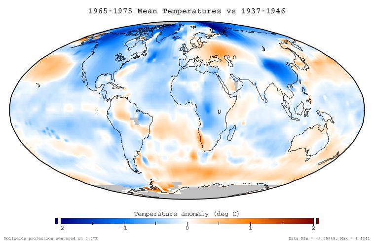 Anomalías de temperatura media durante 1965 - 1975 respecto a la media de 1937 – 1946, según escala adjunta.