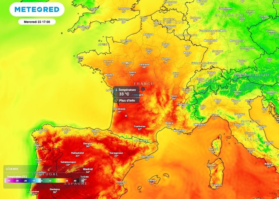 En milieu de semaine prochaine, les 30°C seront souvent dépassés de l'ouest aux régions méditerranéennes.