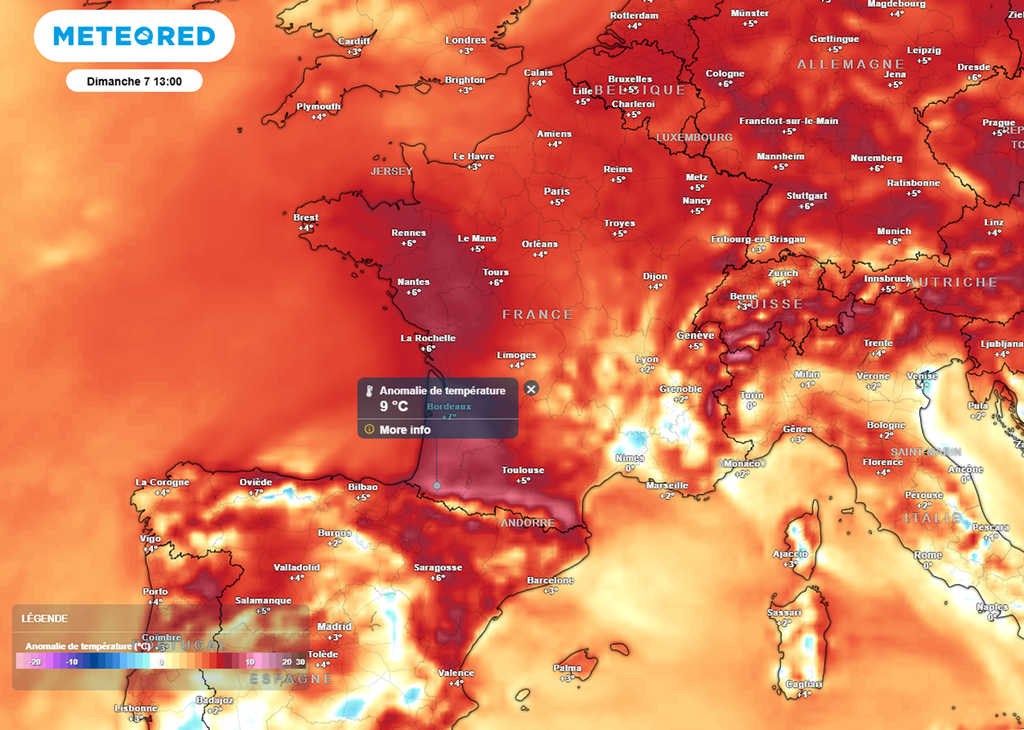 Dimanche après-midi, les maximales seront situées jusqu'à 9°C au-dessus des normales ! Dimanche après-midi, les maximales seront situées jusqu'à 9°C au-dessus des normales !