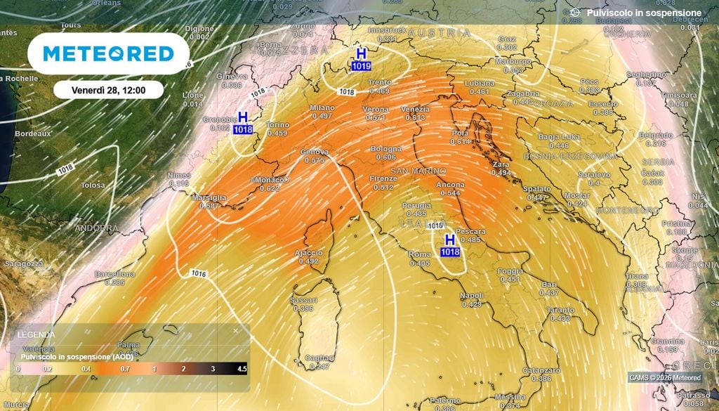 Venerdì 28 agosto la concentrazioni di polveri desertiche potrebbe essere elevata al Nord.