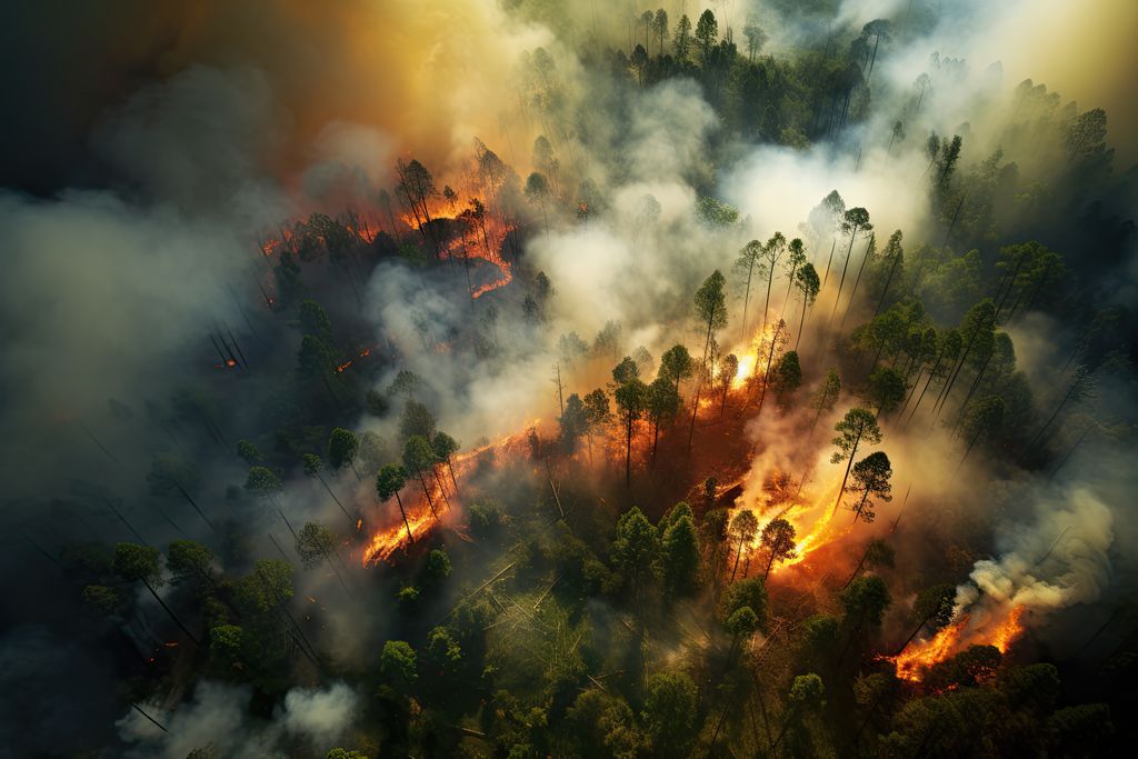 bosque incendiándose con llamas y mucho humo