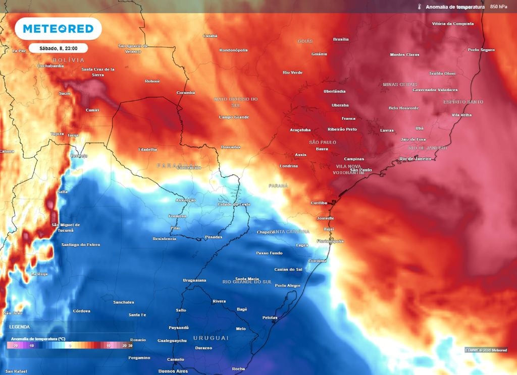 Anomalia de temperatura em 850 hPa. Mapa mostra a presença de ar polar após o avanço de frente fria para áreas do Centro-Oeste e Sudeste do Brasil.