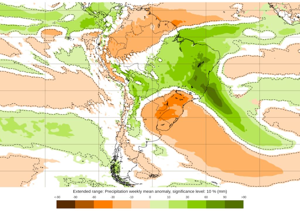 Previsão de anomalia de precipitação do modelo ECMWF entre os dias 06 e 13 de janeiro. Previsão de anomalia de precipitação do modelo ECMWF entre os dias 06 e 13 de janeiro.