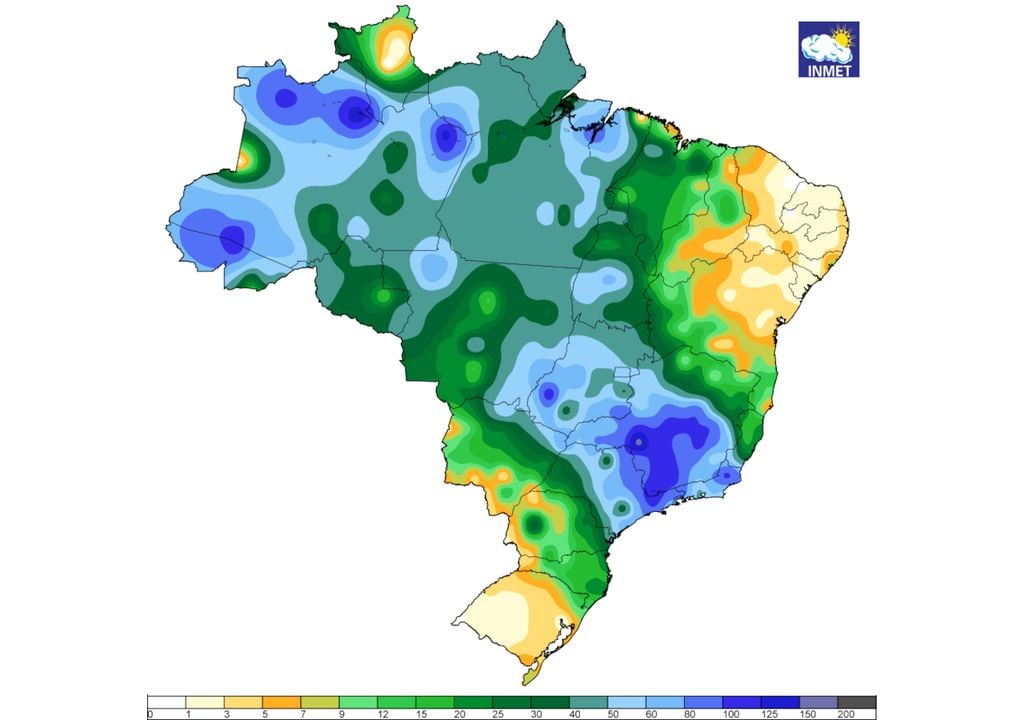 Mapa de acumulados totais de chuva dos últimos 5 dias.