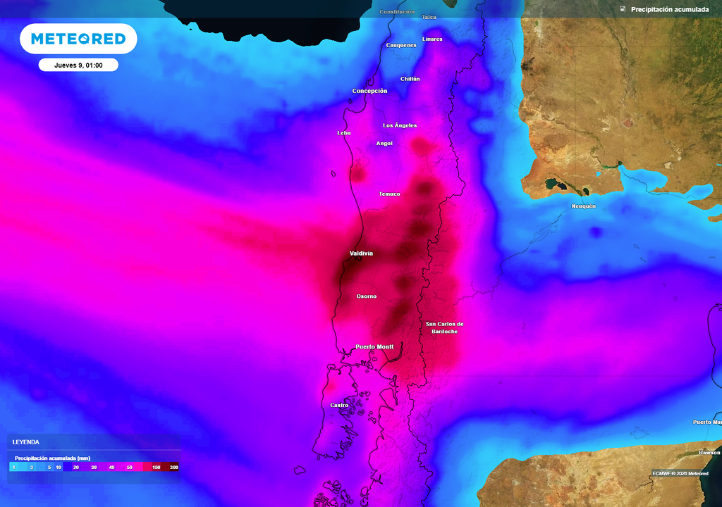 acumulados de lluvia previstos El frente llegará con lluvias muy abundantes, con isoterma cero alta, a sectores de La Araucanía, Los Ríos y Los Lagos.