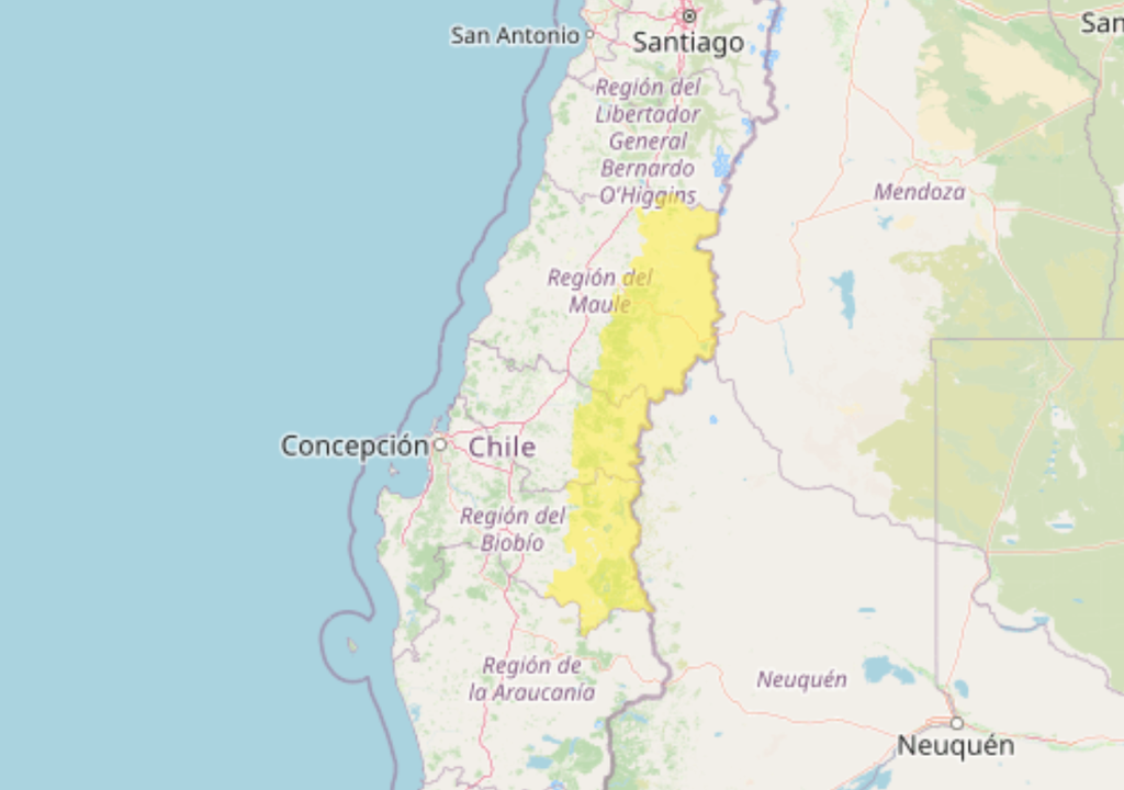 Avisos de la DMC por ingreso de sistema frontal, Meteored Zonas (amarillo) de las regiones de Maule, Ñuble y Biobío que serán afectadas por el viento del sistema frontal.