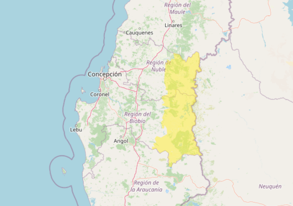 Avisos de la DMC por ingreso de sistema frontal, Meteored Zonas (amarillo) de las regiones de Ñuble y Biobío que serán afectadas por las lluvias del sistema frontal.