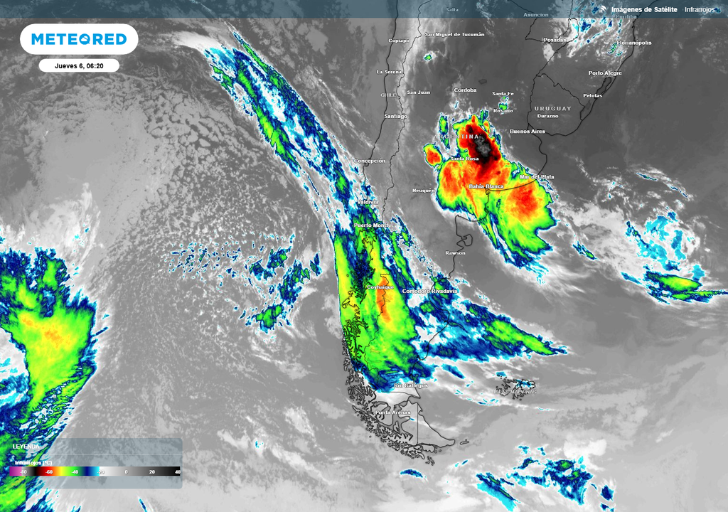 imagen satelital mostrando un sistema frontal activo sobre Chile