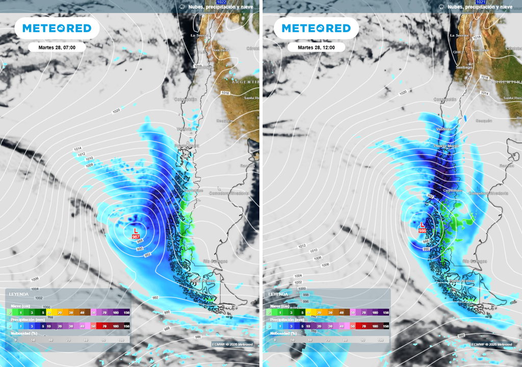 Un frente con río atmosférico debe llegar a la Patagonia en la madrugada del martes (28) y moverse rápidamente con sus lluvias hacia el sur del país.